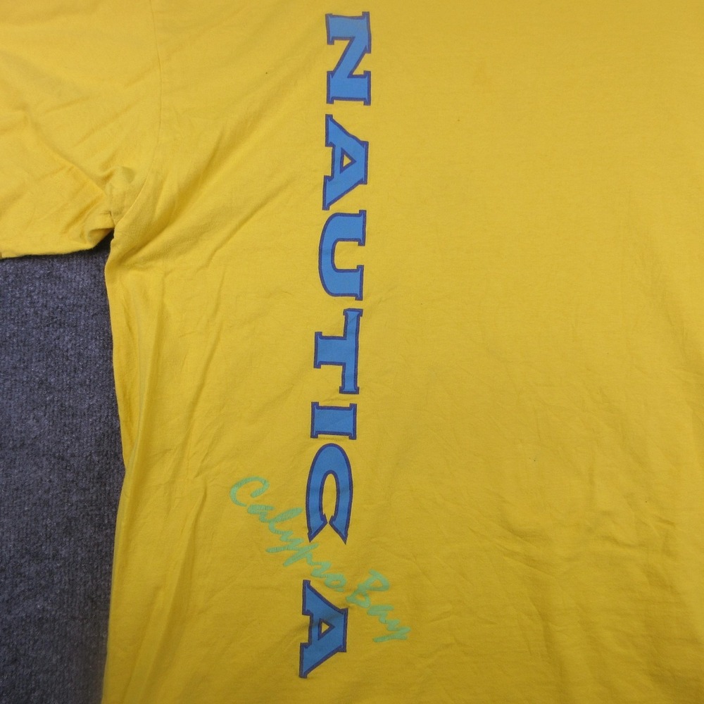 Y2K Vintage Nautica Shirt Mens 2XL Yellow Calypso Bay Vertical Logo Made USA 90s - Picture 3 of 10